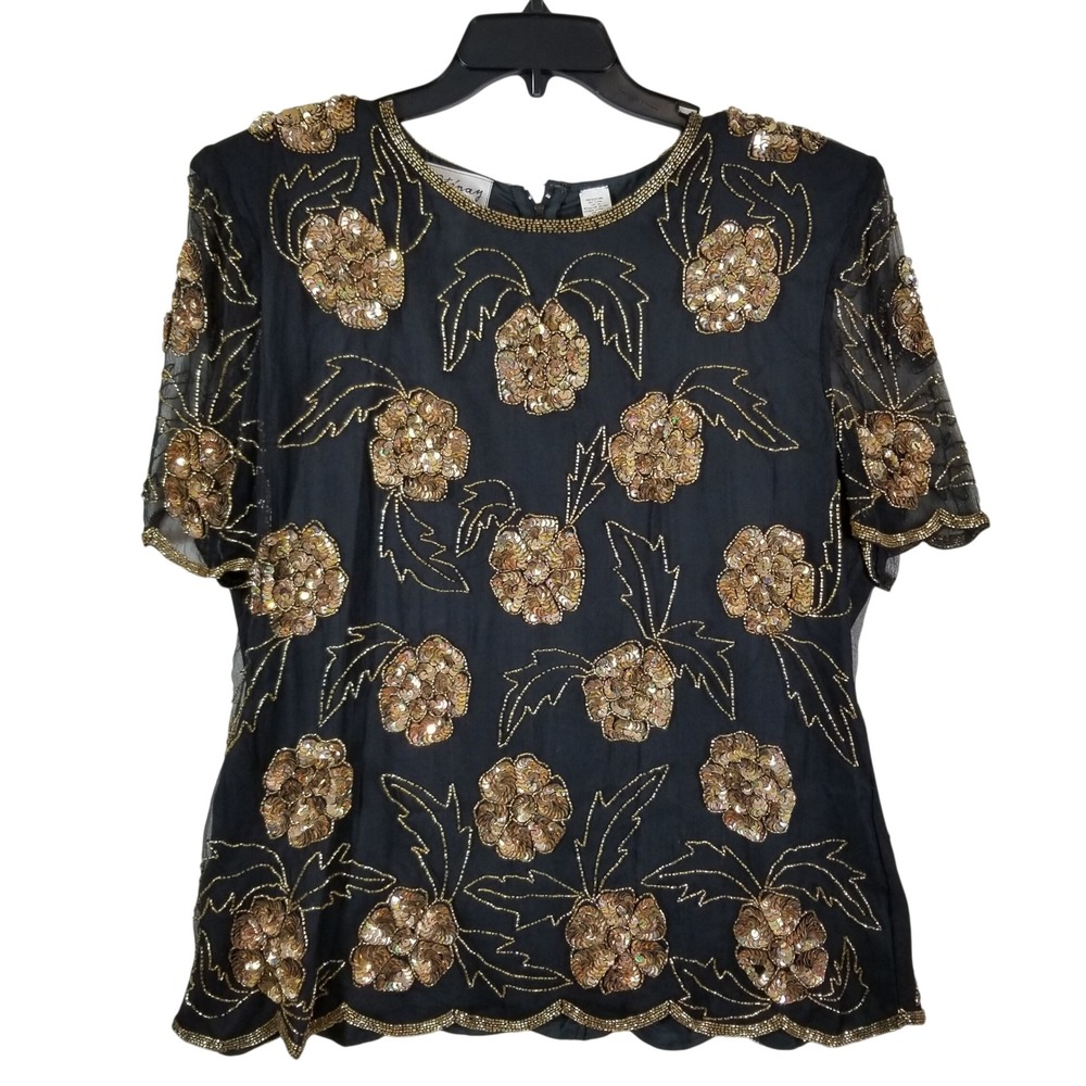 Stenay‎ Silk Beaded Sequin Floral Blouse Black Gold Evening Top Womens Sz 18